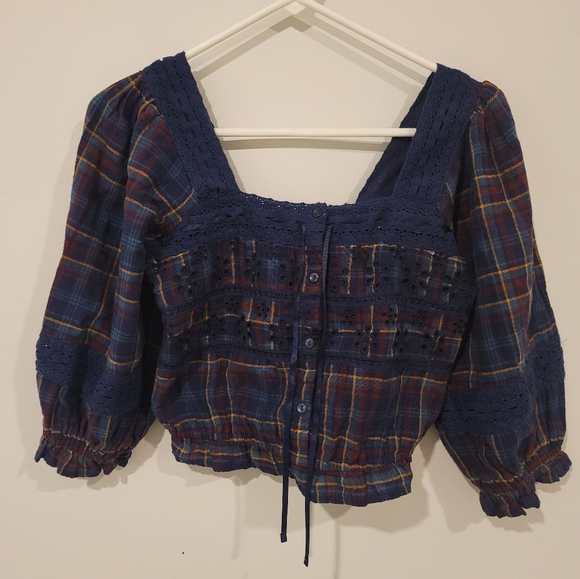 American Eagle Puffed Sleeves Crop Plaid Top | Size XS | Purple & Blue | NWOT - Picture 1 of 7